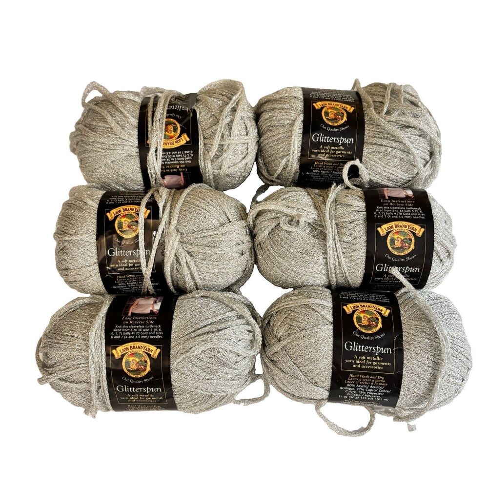 Lion Brand Glitterspun Silver Yarn 6 Skeins Metallic Acrylic Blend